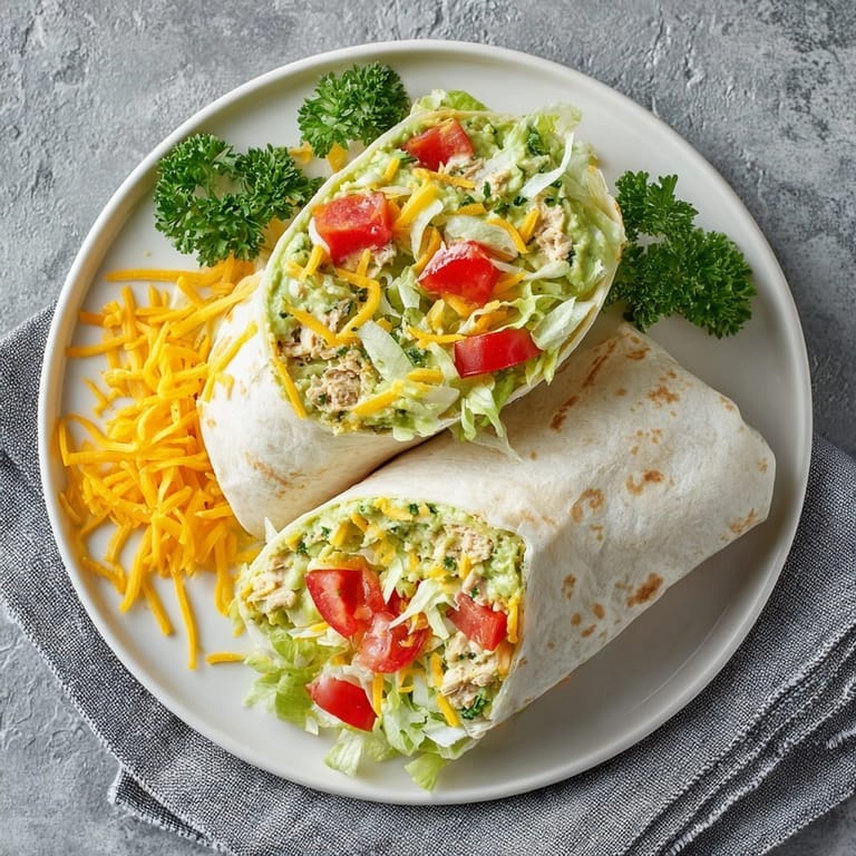 Hand holding Avocado Ranch Tuna Wrap with ranch and avocado visible beside crisp lettuce.