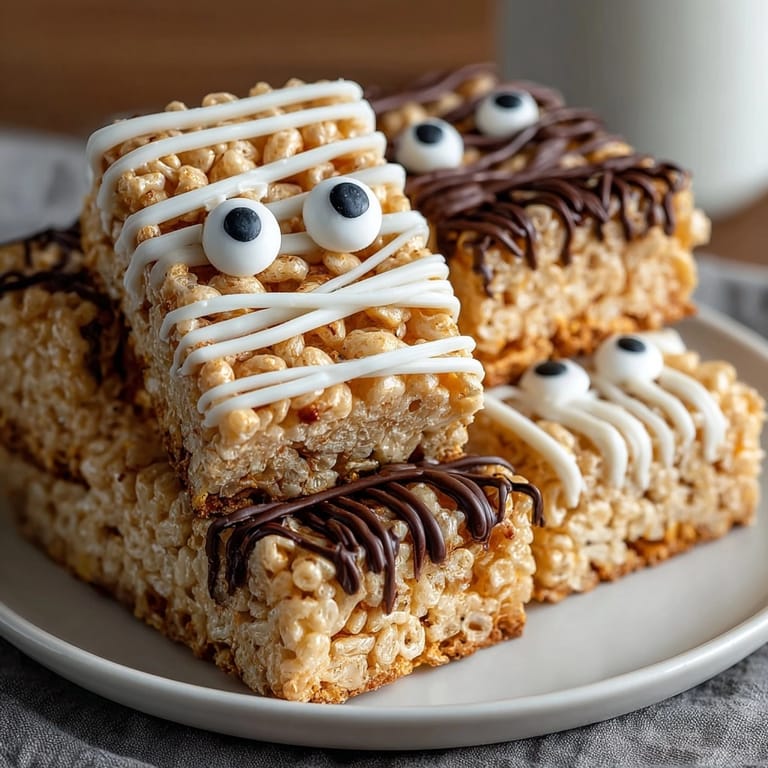 Homemade Mummy Rice Krispie Treats cooling on parchment, a spooky, simple Halloween baking project.