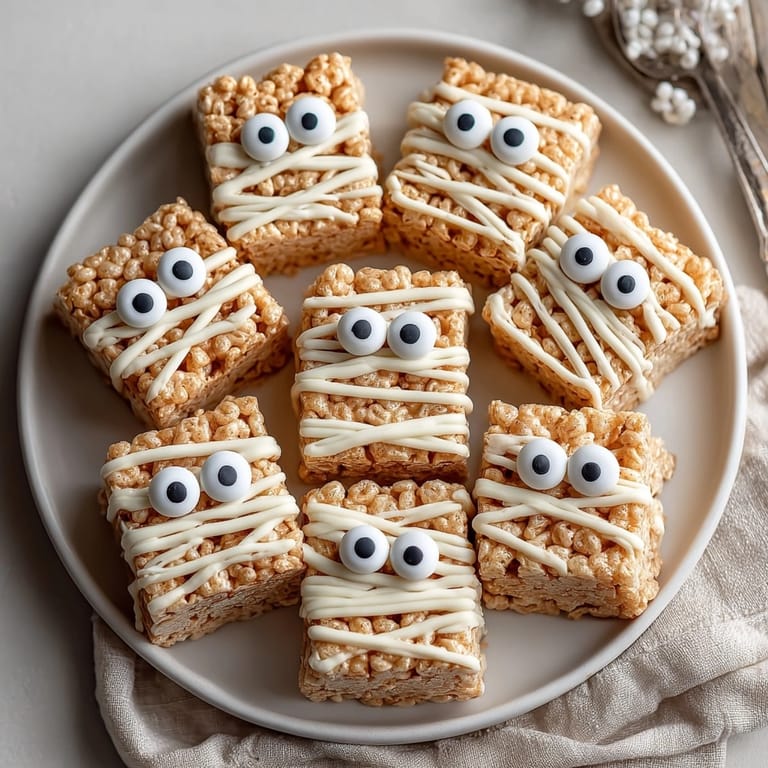 Golden, chewy Mummy Rice Krispie Treats drizzled in sweet white chocolate, perfect for kid-friendly parties.