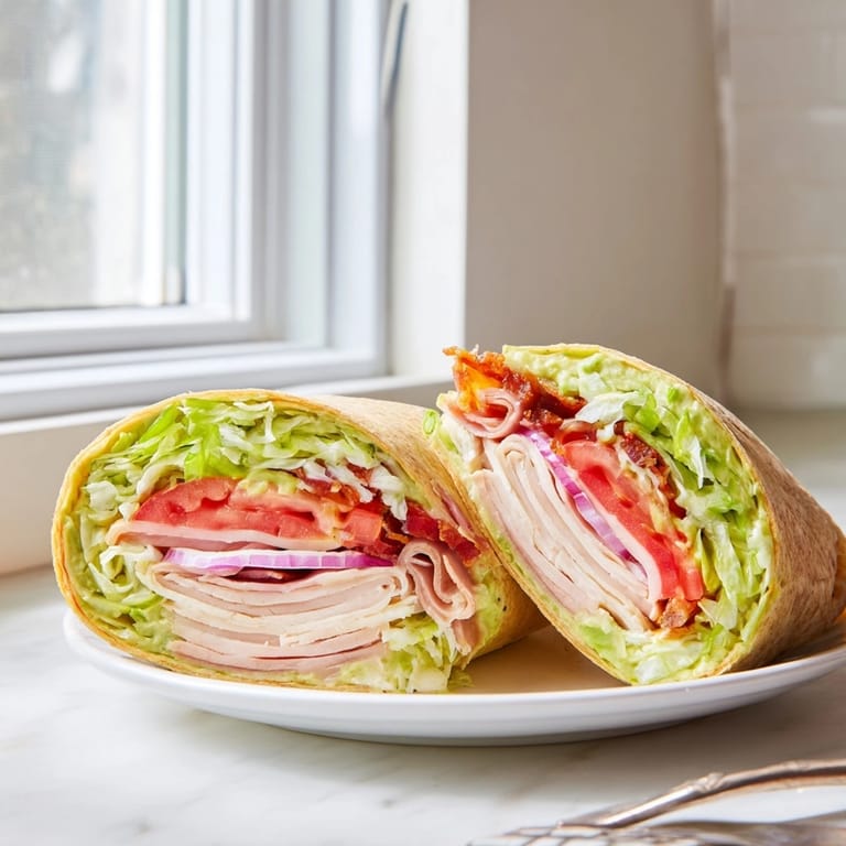Stacked Avocado and Turkey BLT Wraps, savory lunch option showing off the crisp bacon.
