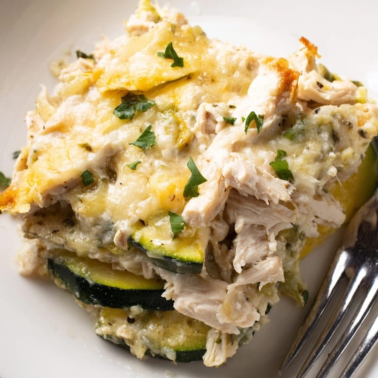 Close-up of a bubbling Alfredo Chicken Zucchini Casserole, cheesy and inviting from the oven.