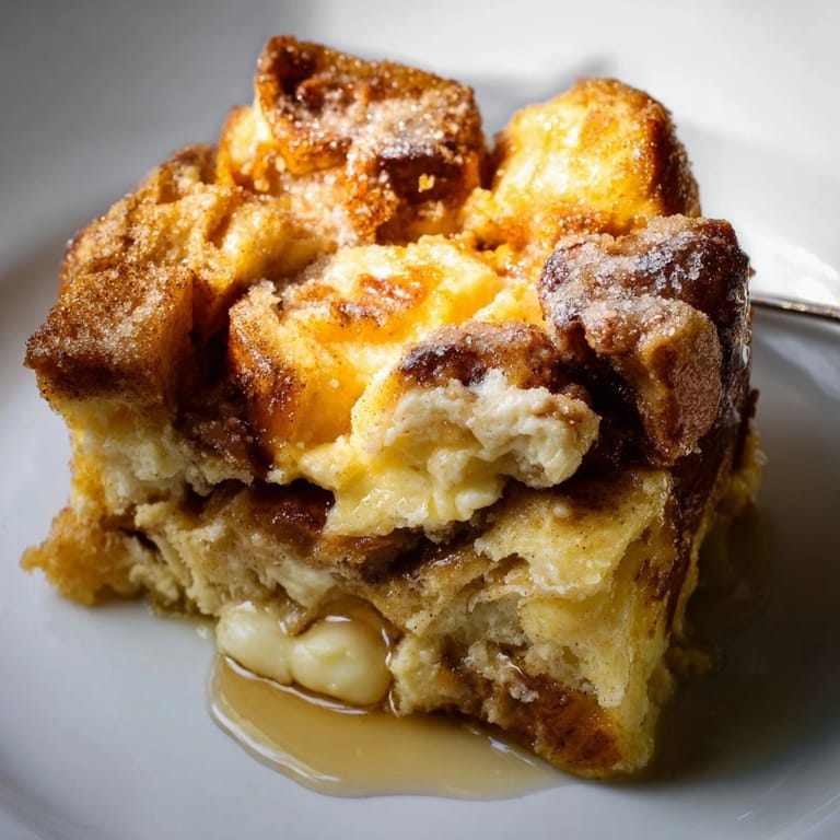 Close-up of creamy Cinnamon Vanilla Bread Pudding, baked until browned, ready to serve.