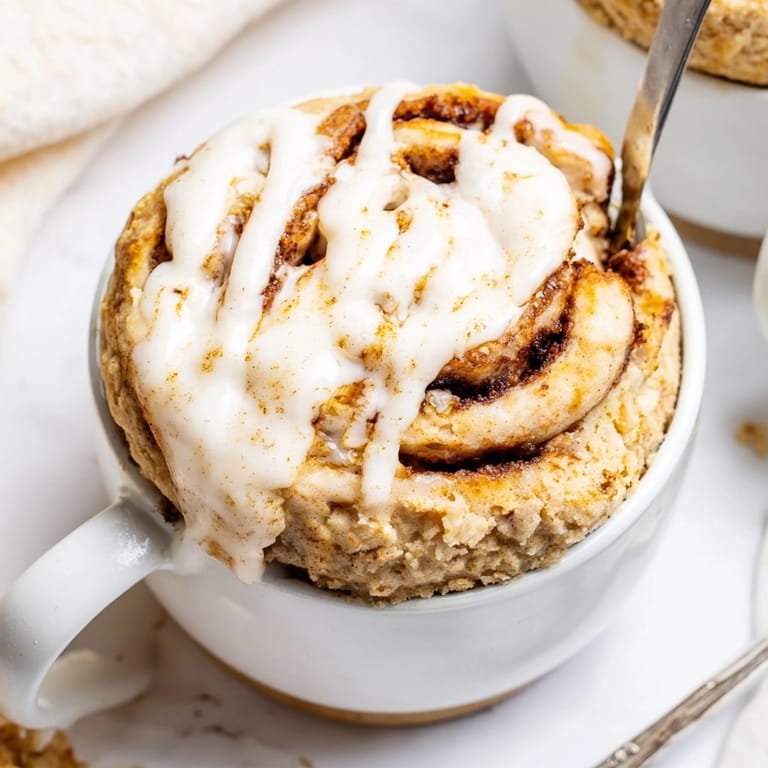 Easy single-serving Protein Cinnamon Roll Mug Cake, great for breakfast, still steaming in its mug.