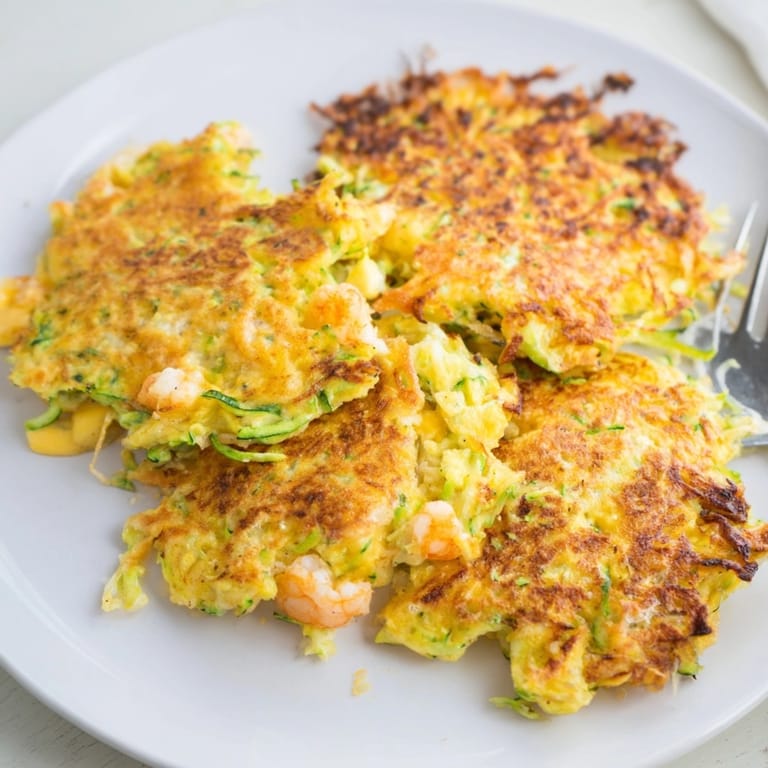 Easy Shrimp and Cheddar Zucchini Fritters sizziling in a skillet; family-friendly recipe.
