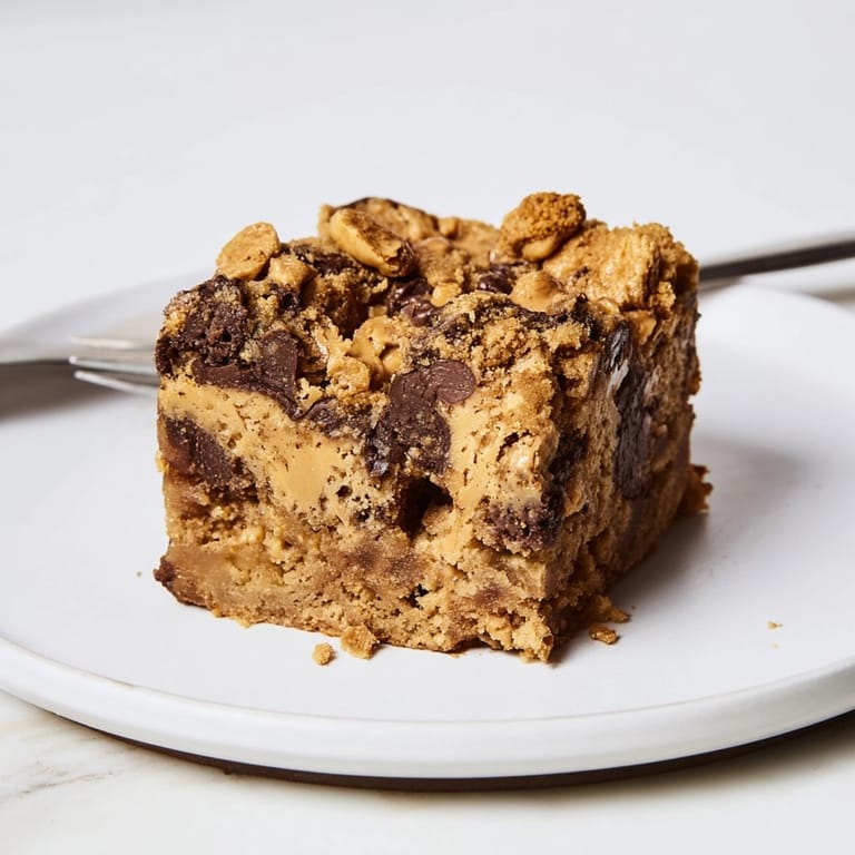 Warm, gooey Peanut Butter Toffee Blondies cooling on a rack, ready to be sliced.