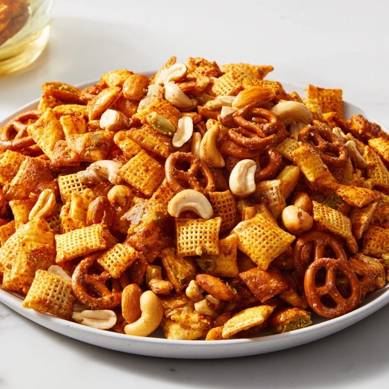 Mouthwatering Spicy Jalapeño Holiday Snack Mix with a zesty kick and crispy texture.