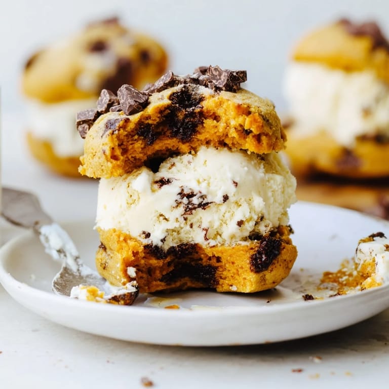 Warm pumpkin chocolate muffins meet cool vanilla ice cream in delightful autumn sandwiches.  