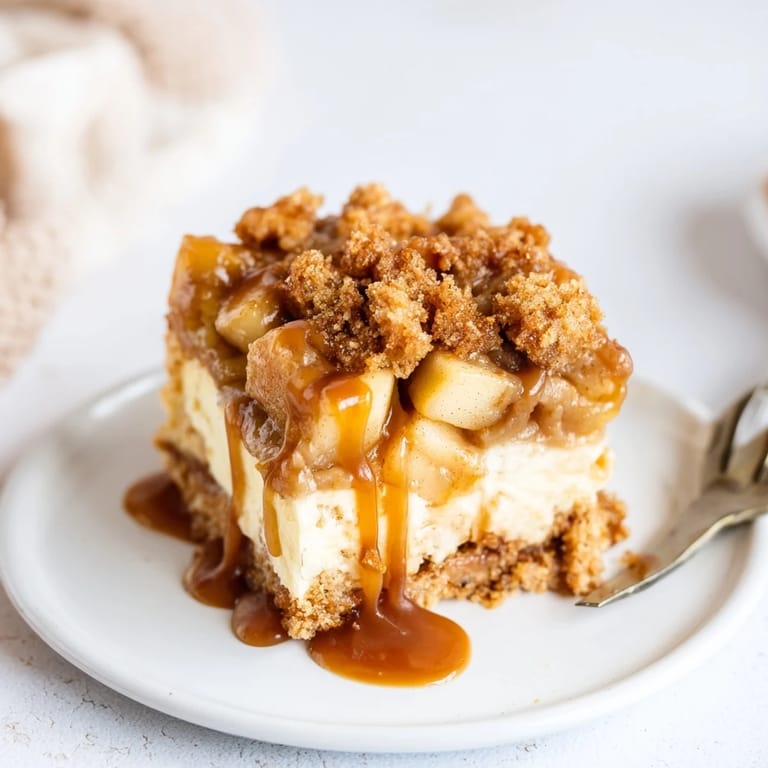 Lusciously layered Caramel Apple Cheesecake Muffin Bars with spiced apples, promising sweet indulgence.  