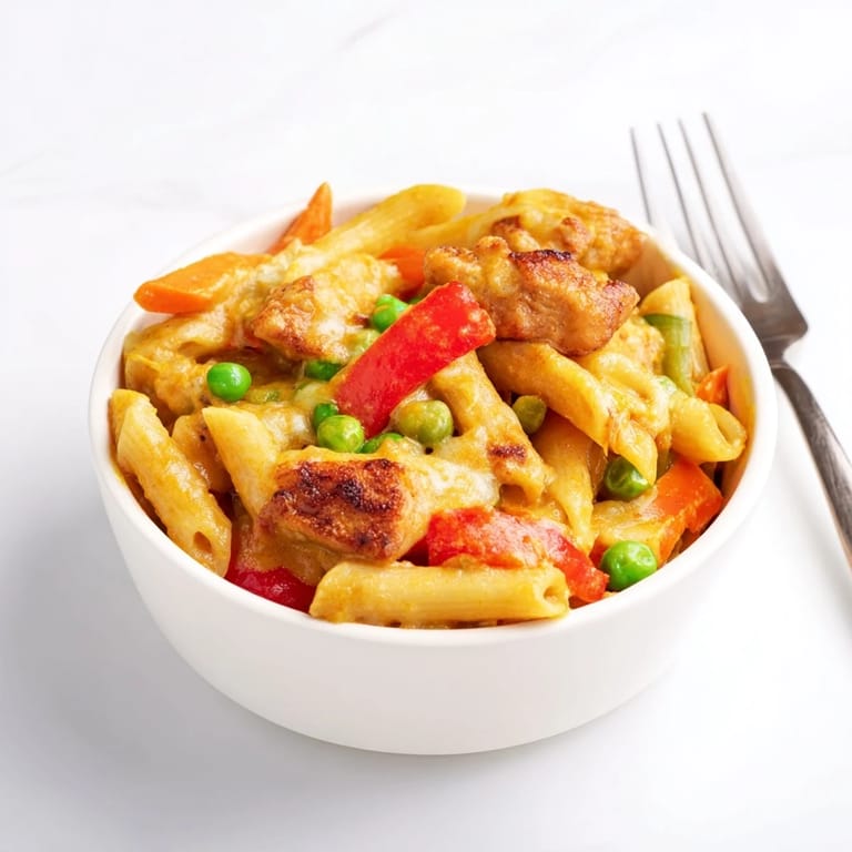 Golden Japanese Curry Pasta Bake, featuring tender chicken and vibrant vegetables throughout.
