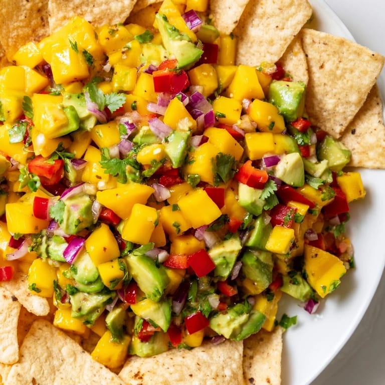 Colorful mango avocado salsa alongside tortilla chips, perfect for summer parties and gatherings.