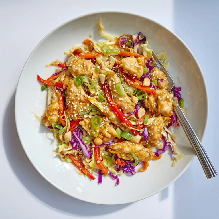 A colorful bowl of Sesame Chicken Cabbage Crunch Salad topped with fresh herbs.