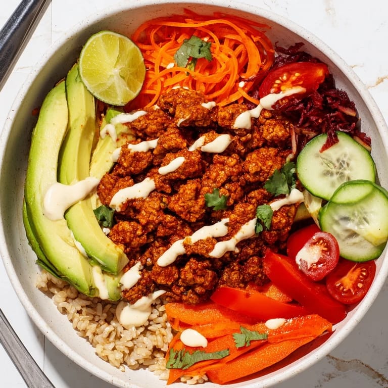 Satisfying plant-based meat bowl drizzled with spicy mayo, ready to tempt your taste buds.  