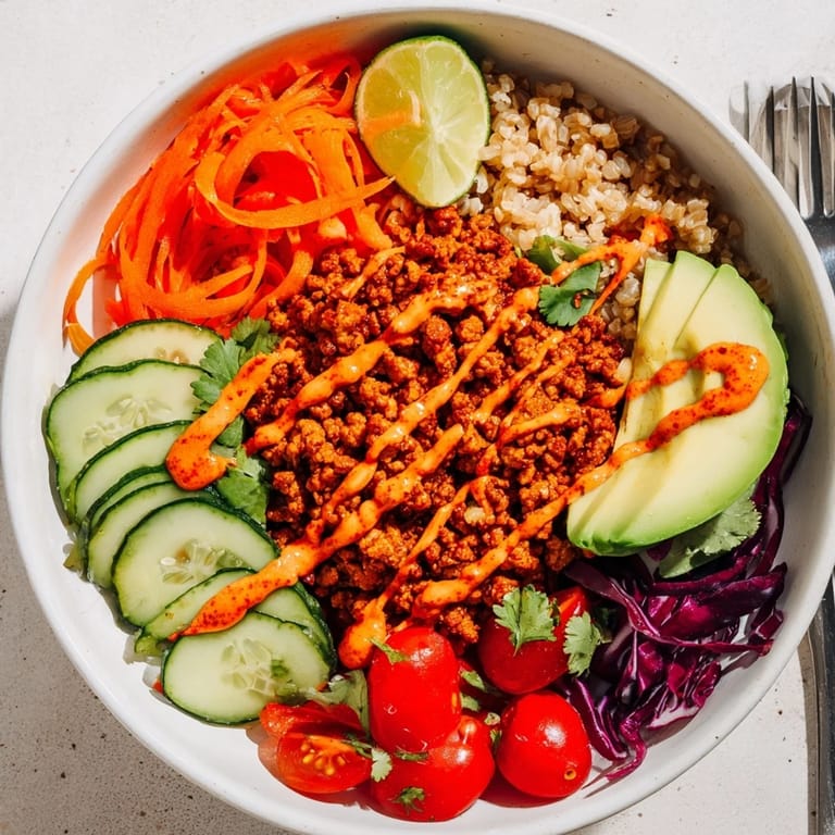 Vibrant plant-based meat bowl overflowing with nutritious toppings and bold flavors.