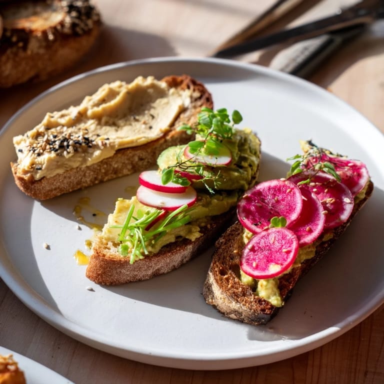 Colorful Bright & Bold Breakfast Toasts with creamy avocado and pomegranate seeds bursting with flavor.  