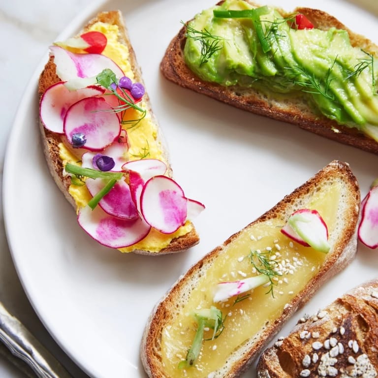 Delicious Bright & Bold Breakfast Toasts featuring ube halaya, avocado, and crunchy sesame seeds.
