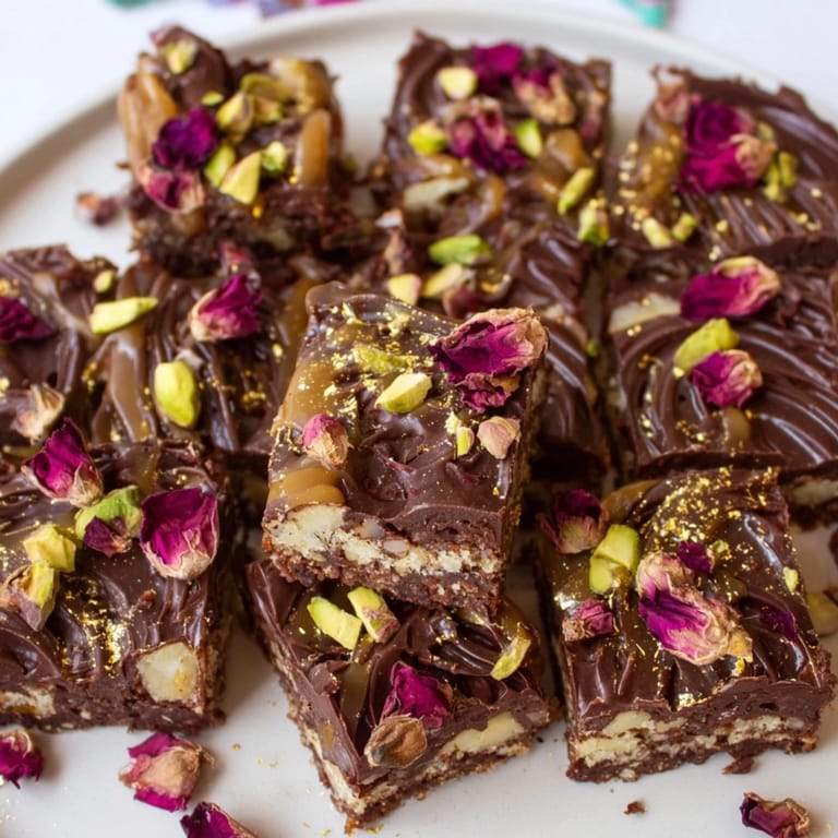 Rich layers of Chocolate Bar Inspired Creations with crunchy texture and edible gold accents.  