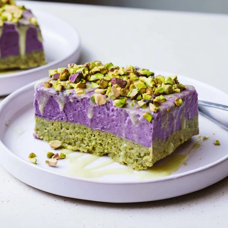 Delicious frozen ube and pistachio bars, perfect summer treat garnished with nuts.  