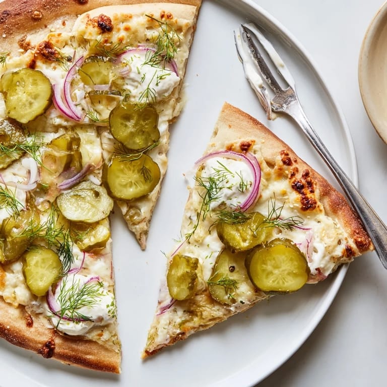 Savory Pickle Pizza, featuring golden crust and rich crème fraîche for a unique experience.