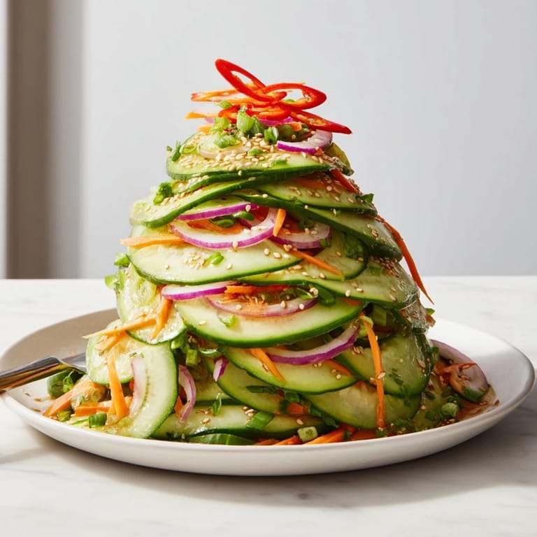 Refreshing cucumber salad remix drizzled with tangy Asian-inspired dressing and sesame seeds.  