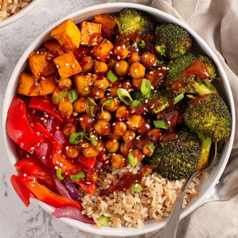 Colorful grain bowls featuring gochujang-maple sauce and crispy chickpeas for flavor.  