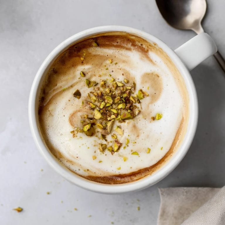 Homemade pistachio milk latte features velvety foam and nutty flavor deliciously blended.  
