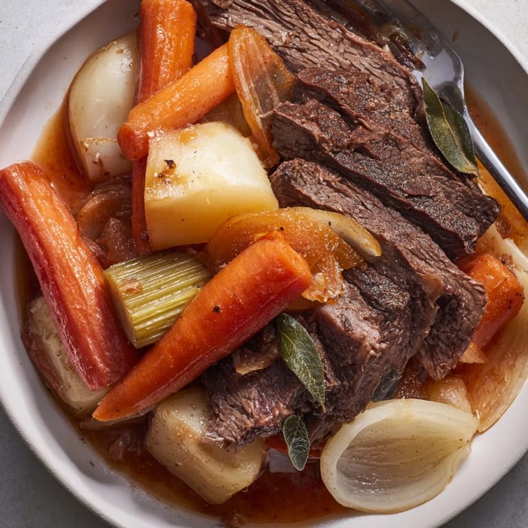 Hearty Sunday Pot Roast served with caramelized carrots and Yukon gold potatoes for comfort.