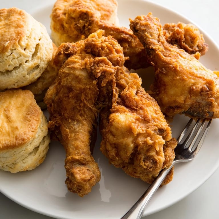 Juicy fried chicken pieces topped with golden, buttery biscuits and fresh herbs.  