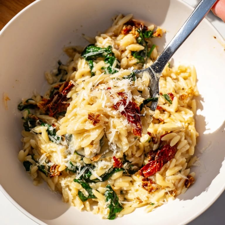 Savor the rich flavors of this creamy Tuscan orzo bowl, perfect for dinner.