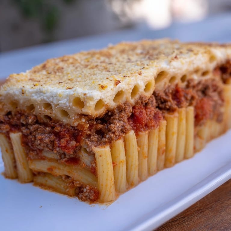 A close-up shot of hot, bubbly Greek pastitsio, revealing a rich, comforting casserole dish.