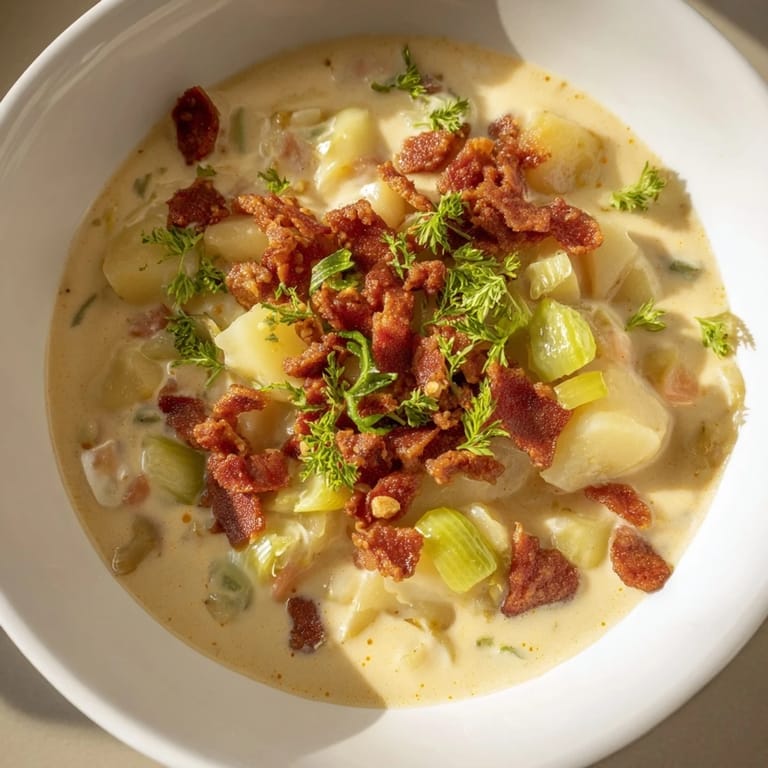 Close-up of hearty Potato, Leek & Chorizo Soup: the savory chorizo and potatoes look delicious!
