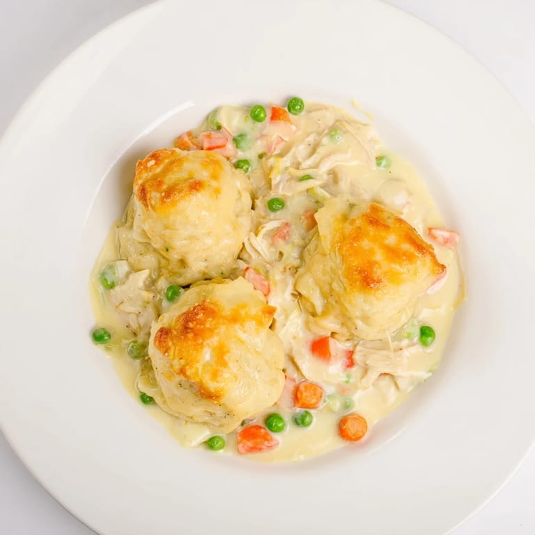 A bubbling Chicken and Dumplings Casserole, showcasing tender chicken pieces under soft, savory dumplings.