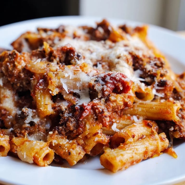 A close-up shot of the mouthwatering Cheesy Beef & Penne Bake, brimming with hearty ingredients.