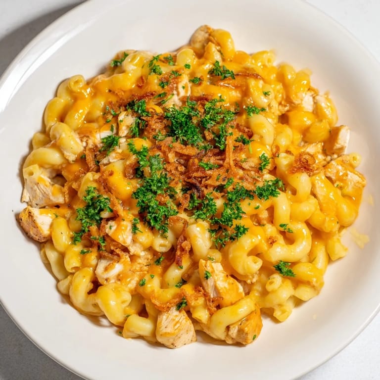 This photo shows a bubbling One-Pot Honey BBQ Chicken Mac and Cheese, garnished with fresh parsley and crispy onions.