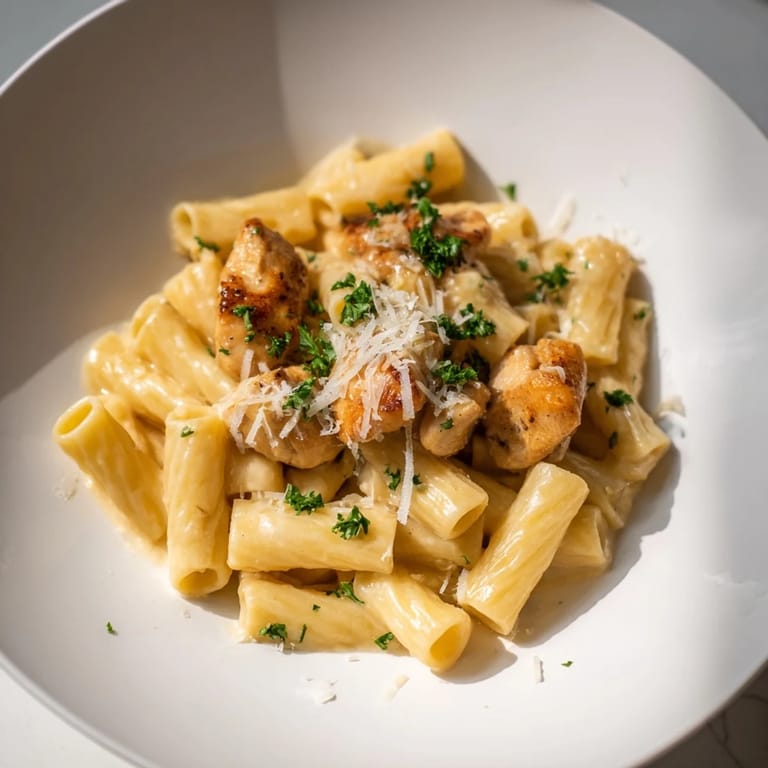 Imagine the satisfying bite of this delicious Creamy Garlic Parmesan Chicken Rigatoni recipe with flavors mingling.