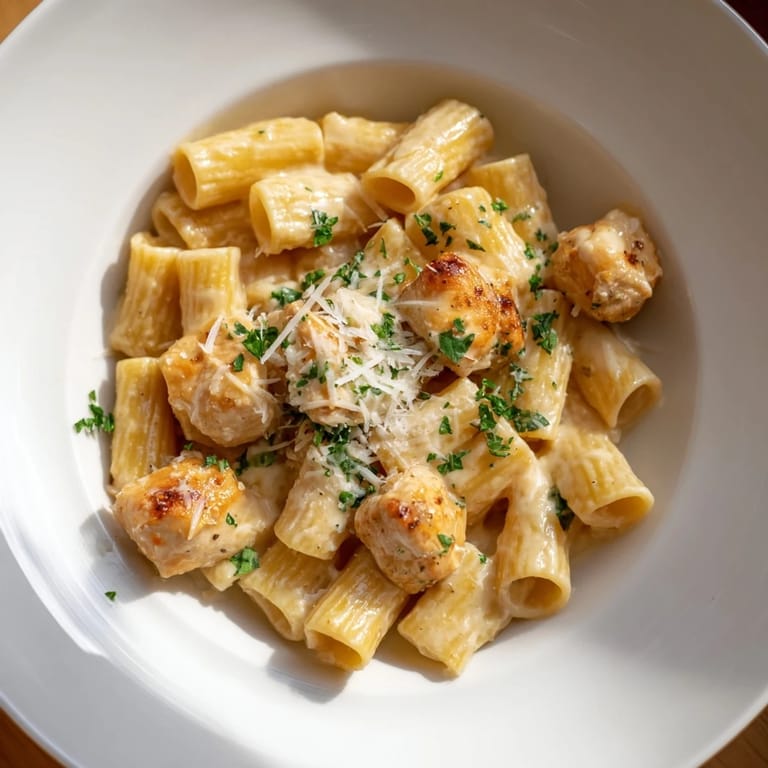 Golden-brown chicken pieces nestled in a luxurious Creamy Garlic Parmesan Chicken Rigatoni sauce, ready to eat.