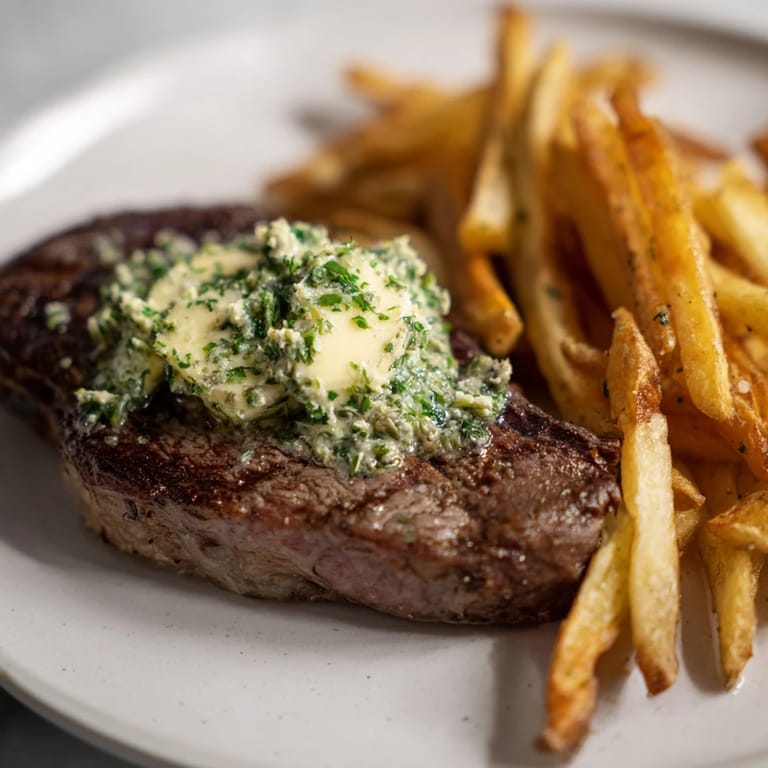 Golden-brown fries accompany a flavorful Steakhouse Garlic Butter Steak, ready for a satisfying, classic meal.