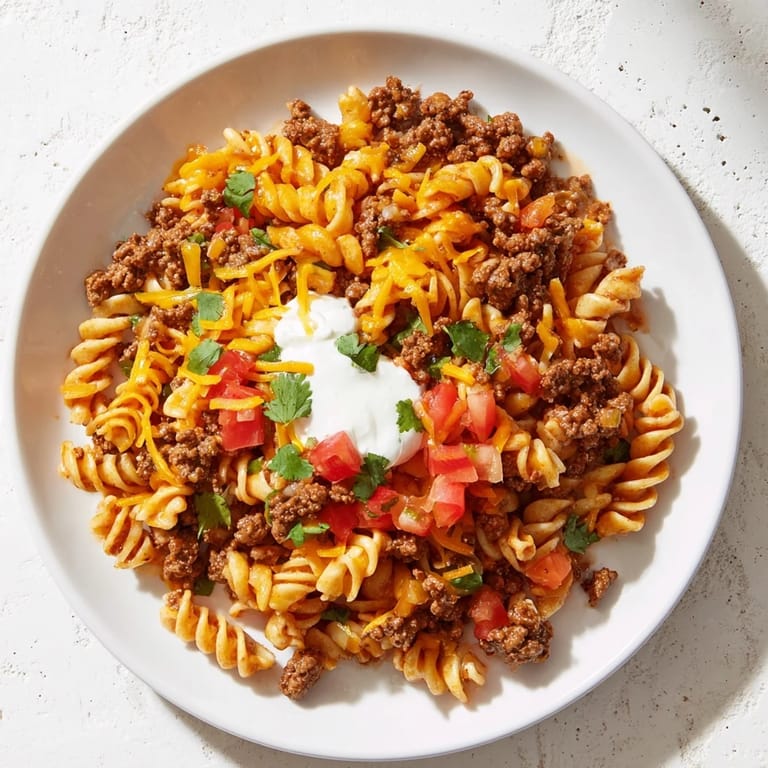 This Cheesy Taco Pasta skillet showcases bubbling, cheesy goodness, ideal with fresh cilantro garnish.