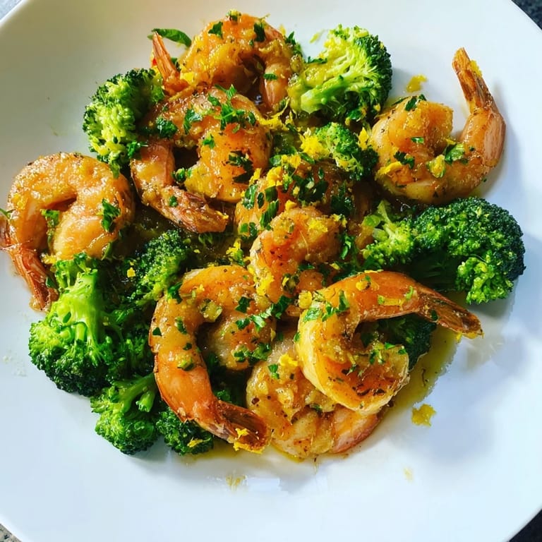 Sizzling pan of Lemon Butter Shrimp & Broccoli, showcasing tender shrimp and bright green broccoli.