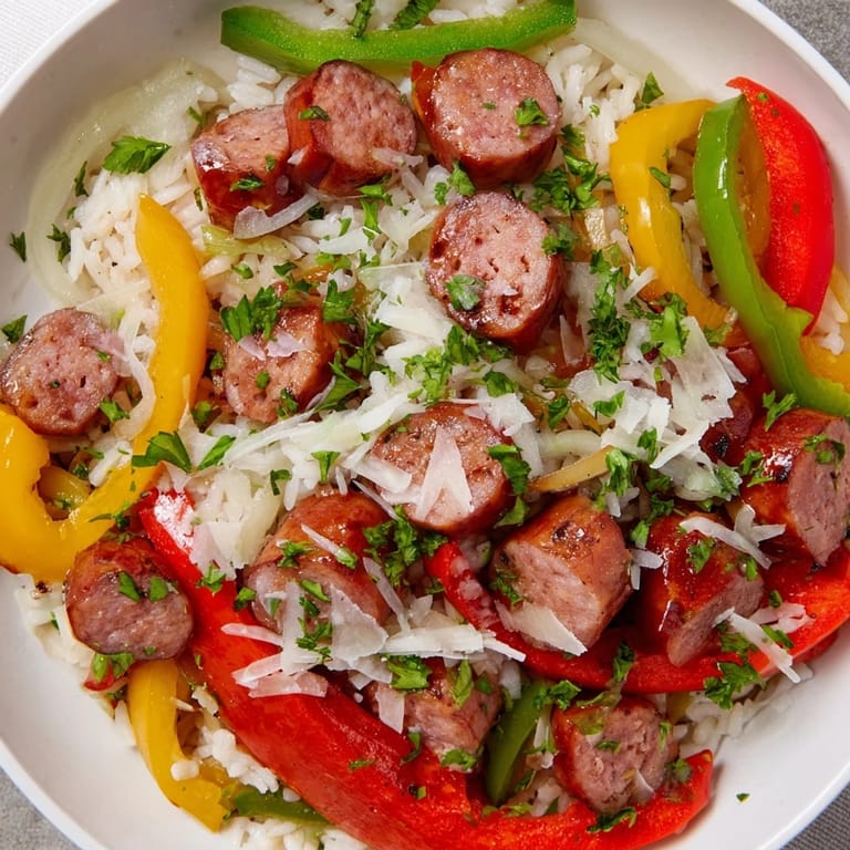 Enjoy a delicious bowl of Italian sausage and peppers rice plate, perfect for a satisfying family dinner.