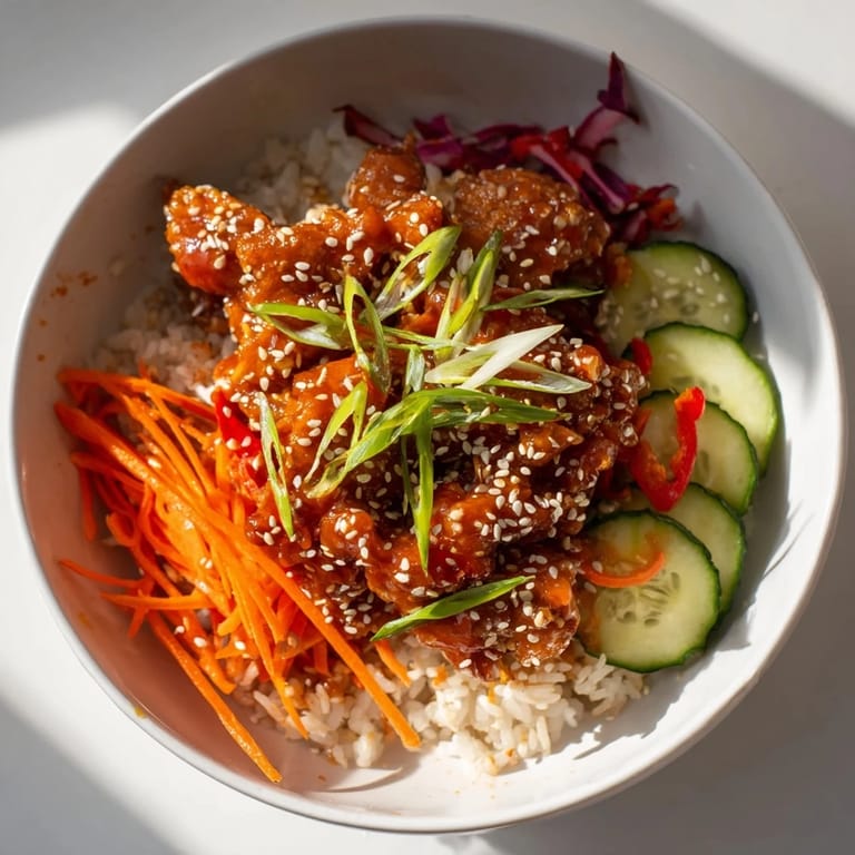 A colorful bowl of Sriracha Honey Chicken Rice Bowl, garnished with crisp vegetables and sesame seeds.