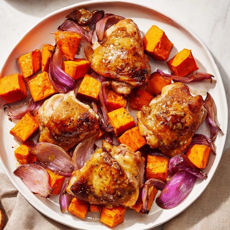 A flavorful close-up: Maple Glazed Chicken & Sweet Potato Bake, showing tender chicken thighs and sweet potatoes.