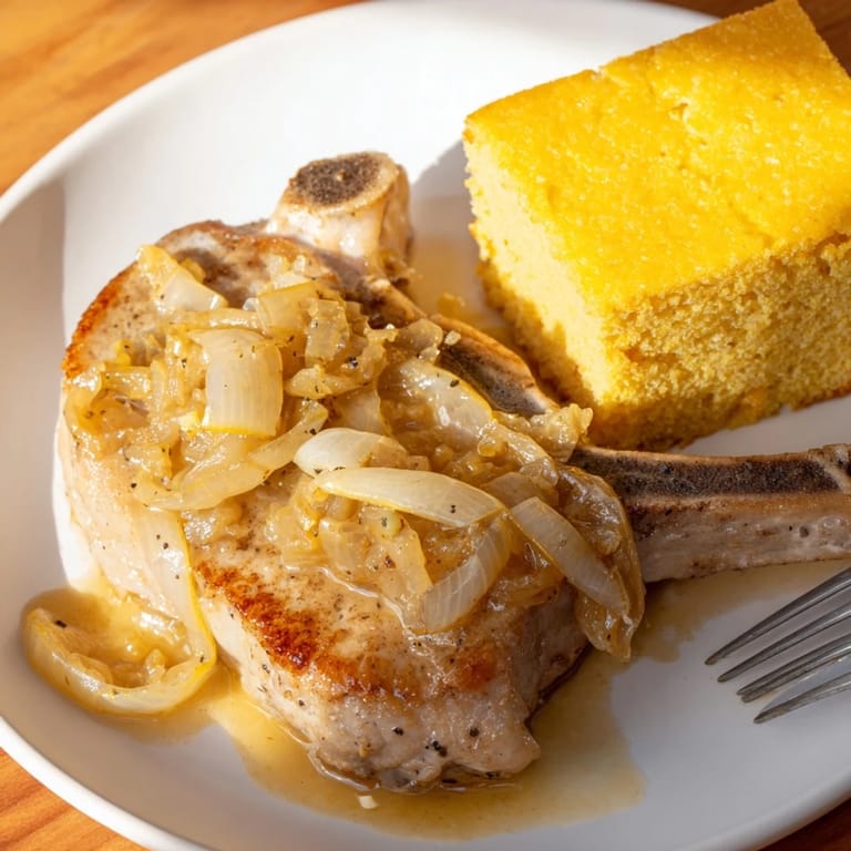 Close-up of a plate with hearty smothered pork chops, glistening gravy, and warm cornbread.