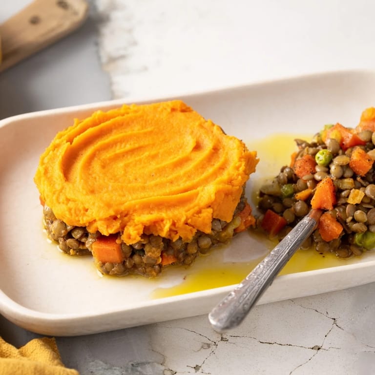 This comforting Veggie Shepherd's Pie with Lentils features a hearty lentil filling bubbling beneath sweet potato mash.