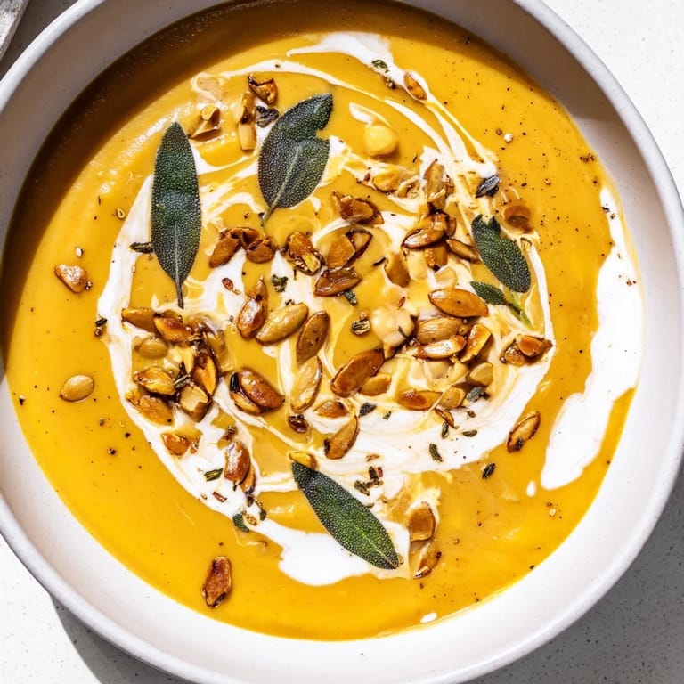 A steaming bowl of comforting Chickpea, Pumpkin & Sage Soup, featuring roasted pumpkin and fresh sage.