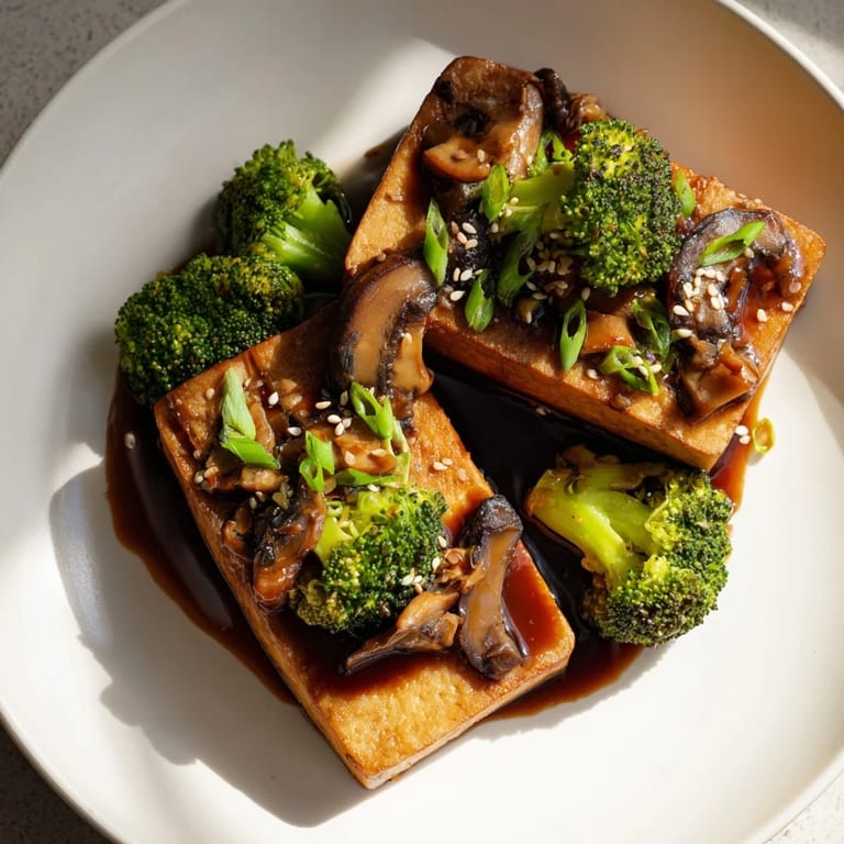 Close-up of a plated Sautéed Tofu Steak with Broccoli, showing tender broccoli florets and shiitake mushrooms.