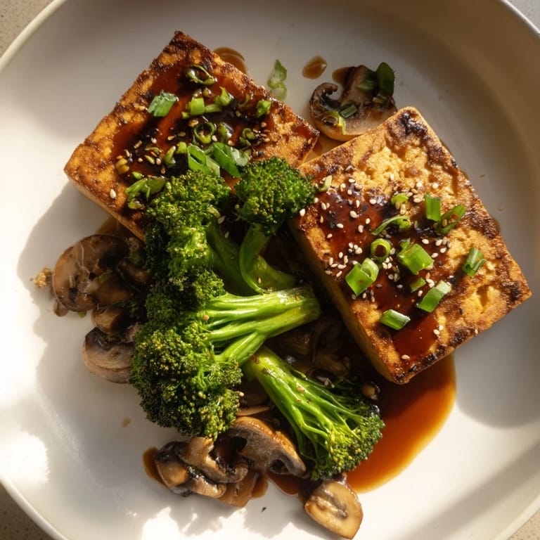 Flavorful Sautéed Tofu Steak with Broccoli, served hot with a glistening, savory sauce and sesame seeds.