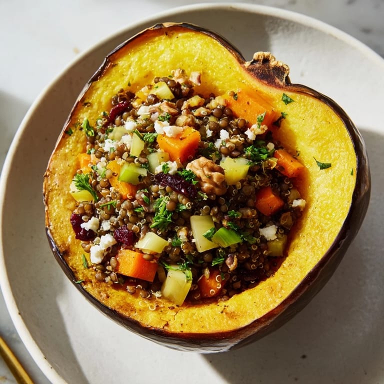 Enjoy a warm plate of Lentil & Walnut Stuffed Acorn Squash, bursting with flavorful ingredients.