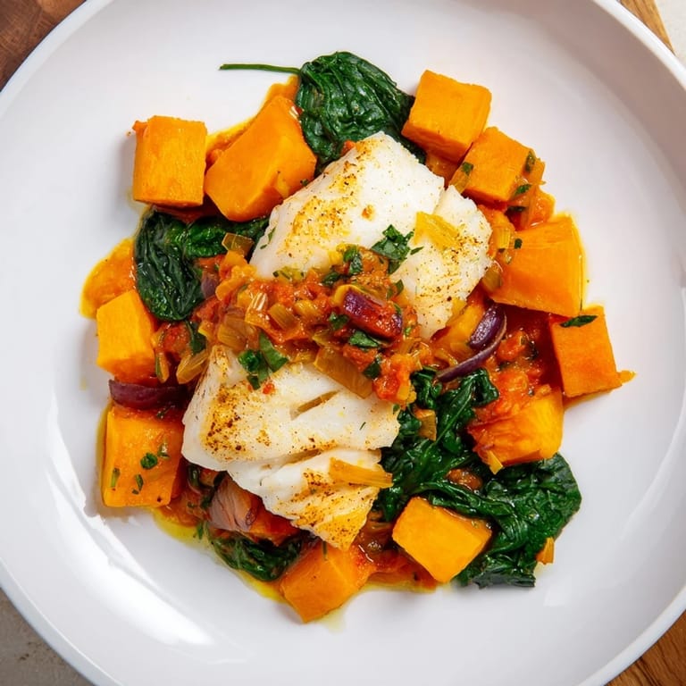 A close-up of flaky baked Cod nestled amongst colorful roasted butternut squash and herbs.