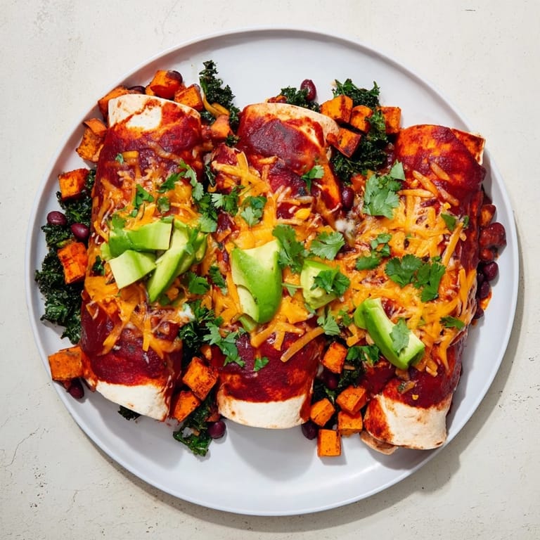 Sizzling hot enchilada sauce coats the wholesome filling inside these delicious veggie-packed sweet potato enchiladas.