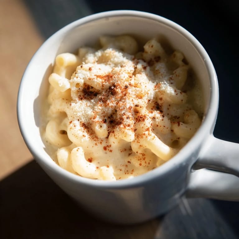 A close-up of a single serving of Mug Mac & Cheese, rich and cheesy, ready to eat now.